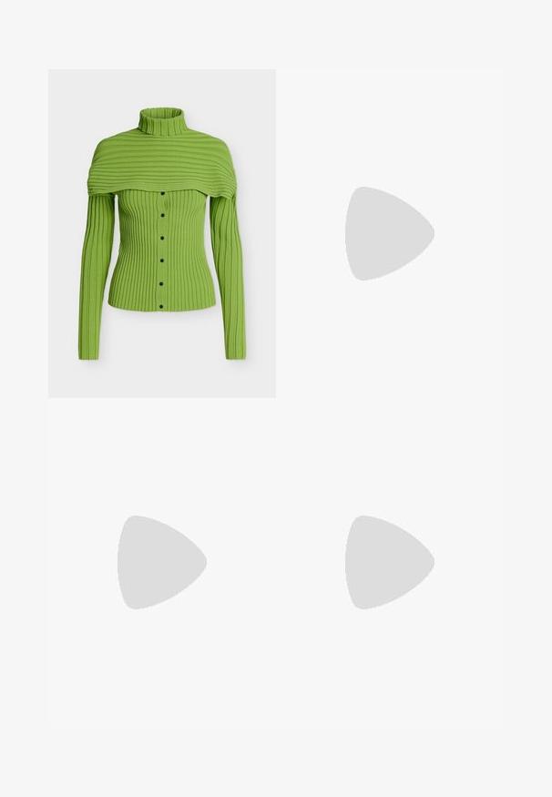 Haut vert en tricot côtelé à manches longues avec col roulé haut et devant boutonné, avec un détail de cape large aux épaules attachée.; Débardeur vert clair sans manches avec encolure ronde et petit blason brodé centré sous l'encolure.; Pantalon taille haute à jambes larges en vert doux avec passants de ceinture, poches latérales et plis devant sur un fond clair.; Bottine beige en cuir lisse, bout pointu, petit talon carré et fermeture éclair latérale pour un enfilage facile.
