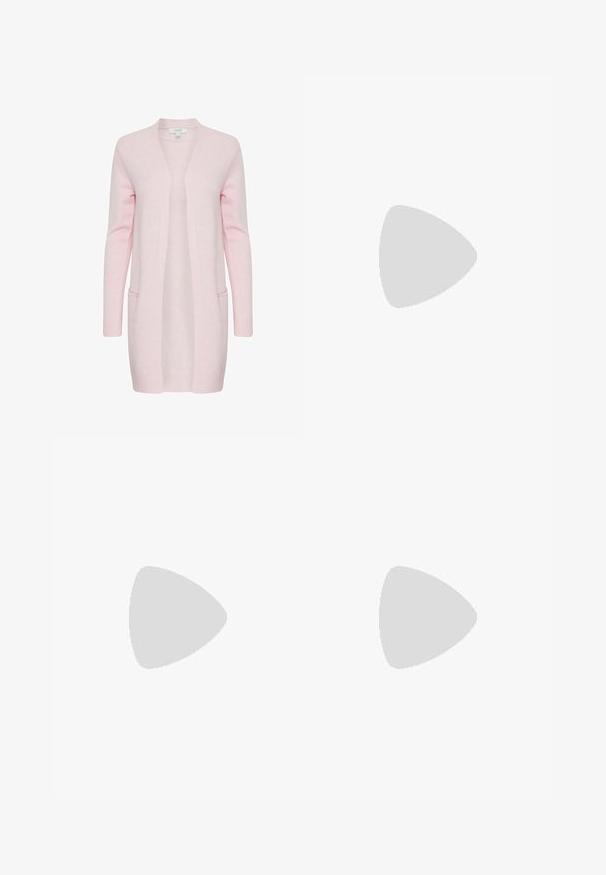 Gilet rose clair en tricot doux, avec un devant ouvert, des manches longues et deux poches avant. Texture lisse avec des poignets côtelés.; Blouse rose pâle à manches courtes avec un décolleté en V et une coupe ample, en tissu lisse, avec un petit pli décoratif à l'avant.; Jupe midi à rayures en coton doux avec une base jaune clair et des rayures horizontales bleues. Elle dispose d'une taille élastique côtelée.; Baskets Kappa blanc et vert menthe avec des panneaux en mesh léger, fermeture à lacets à l'avant, semelle coussinée et logo de la marque sur le côté et le talon.