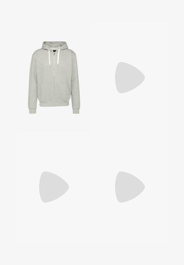 Graue Zip-Hoodie aus weichem Material, mit einer Kapuze mit Kordelzug, zwei vorderen Taschen und gerippten Bündchen sowie Saum.; Einfaches weißes T-Shirt mit kurzen Ärmeln und Rundhalsausschnitt, flach auf einem weißen Hintergrund ausgelegt.; Schwarze Jeans aus Denim mit schlanker Passform, fünf Taschen-Design und Knopfverschluss. Glatte Textur mit minimalen Nähten.; Weiße synthetische Sneakers mit glatter Oberfläche, Schnürdesign, gepolstertem Zungenbereich und geprägtem Logo an der Seite. Flache Gummisohle.