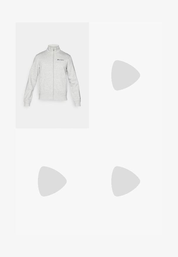 Lichtgrijze jas met ritssluiting en opstaande kraag, met het Champion logo geborduurd op de linkerborst en een klein logo op de linker mouwmanchet.; Witte t-shirt met korte mouwen en ronde hals, voorzien van raglanmouwen, een subtiele logo op de borst en contrasterende afwerking aan de hals.; Zwarte sportshorts met een gladde textuur, elastische tailleband en twee zijzakken. Voorzien van een klein logo aan de onderzijde rechts.; Witte sportschoen met een gestructureerde mesh bovenkant, vetersluiting en een geribbeld rubberen zool. Heeft een klein logo accent aan de zijkant.