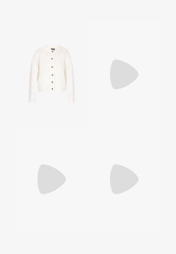 Cremefarvet strikket cardigan med rund halsudskæring, fem brune knapper og teksturerede mønstre hele vejen igennem. Ribbet manchetter og kant.; Blomstret kjole med korte ærmer, lys beige stof med flerfarvede blomster mønstre, taljebind, knælangt design.; Sort flat Mary Jane-sko i læder med spids tå og enkelt tynd rem med lille spænde på hvid baggrund.; Rund flettet stråtaske med håndtag af reb og "ALEMAIS" broderet på siden med brunt garn.