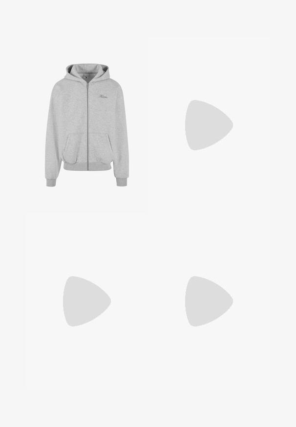 Graue Zip-Hoodie aus weichem Material, mit gefütterter Kapuze, zwei vorderen Taschen, gerippten Bündchen und Saum sowie einem kleinen Logo auf der Brust.; Schwarzes ärmelloses Oberteil aus glattem, leichtem Material mit rundem Ausschnitt und lockerem Schnitt. Keine sichtbaren Muster oder Verzierungen.; Weite Jeans aus dunkelblauem Denim mit einer dezenten, verblassten Textur. Mit Gesäßtaschen und einem dekorativen Logodetail.; Schwarze Laufschuhe mit einem glatten synthetischen Obermaterial, durchbrochenen Akzenten, strukturierten Seitenpaneelen und einer ausgeprägten federnden Sohle.