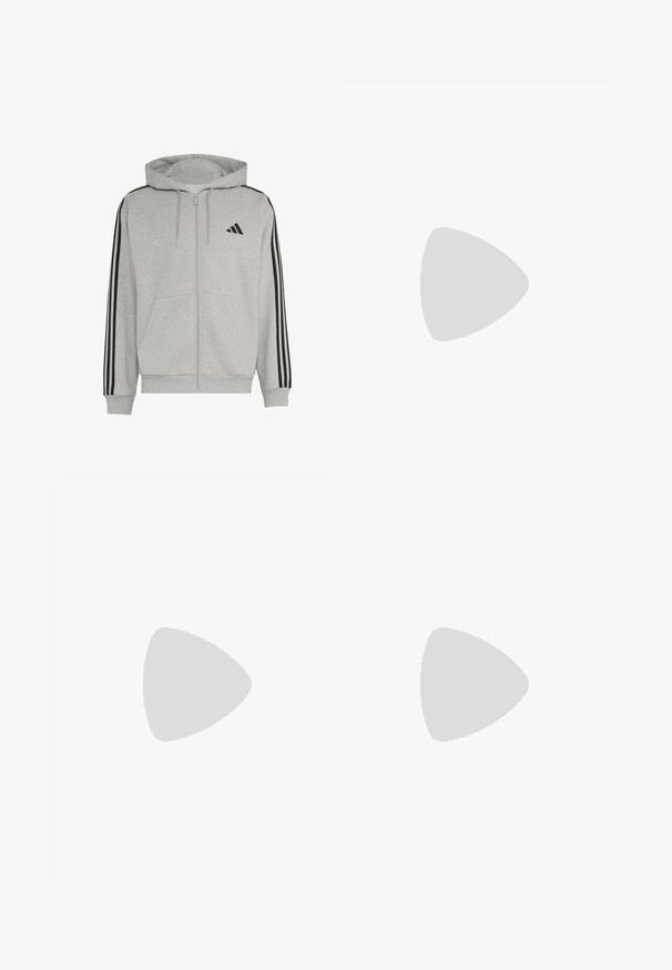 Lichtgrijze hoodie met rits, zwarte strepen op de mouwen, voorzakken, trekkoordkap en klein zwart logo op de linkerborst.; Zwarte katoenen T-shirt met korte mouwen, voorzien van een wit Adidas-logo op de borst. Klassiek ontwerp met ronde hals.; Zwarte sportbroek met elastische tailleband en wit Adidas-logo op de rechterdij tegen een effen achtergrond.; Een paar beige sportschoenen met zwarte veters, met een gestructureerd, gestreept patroon en drie zijstrepen op een effen achtergrond.