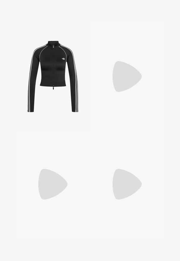 Sort cropped langærmet jakke med lynlås, hvide sidelommer og Adidas-logo på venstre bryst.; Hvid cropped t-shirt lavet af bomuld, med sorte aksentstriber på ærmerne, rund halsudskæring og lille broderet logo på brystet.; Sorte vindjakke-bukser med elastisk talje, snøre, hvide side-striber, løs pasform og en lille logo på venstre side.; Sort og beige lædersneaker med tre hvide striber, tanfarvet gummisål og gyldent "Samba"-detalje på siden.
