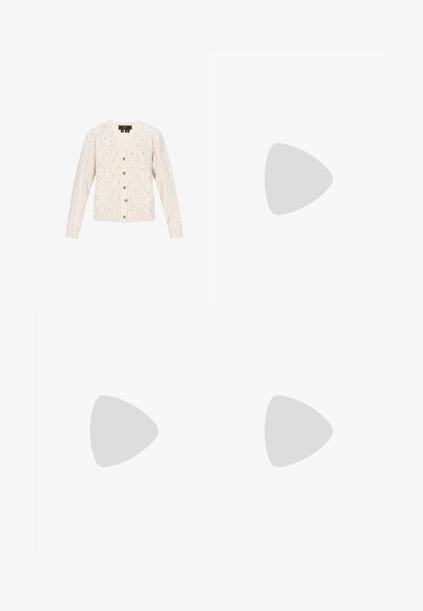 Cremefarvet strikket cardigan med V-udskæring, lange ærmer, frontknaplukning og små dekorative sølvperler spredt over stoffet.; Hvid midiklæde med lyserøde blomsterprint, smocket krop, flæseærmer og lagdelt nederdel med vandrette flæser og transparent tekstur.; Sorte læder balletflade med spids tå, flad sål og en enkelt ankelrem med en rektangulær spænde. Glat tekstur hele vejen igennem.; Lysegrøn læderhåndtaske med en buet topklap, enkelt sort håndtag og guld GUESS-logo foran i midten.