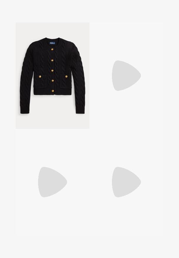 Sort kabelstrikket cardigan med guldknapper foran og på to forlommer, med ribbet rund halsudskæring og manchetter.; Stribet skjorte med knapper, der har lodrette marineblå og hvide striber, lange ærmer, spidse kraver og et lille logo på brystet.; Beige, lige-benede fløjlsbukser med bæltestropper, frontknap, lynlås og frontlommer.; Sort læderloafer med tekstureret finish, penny keeper-detalje, slank profil, diskret branding på siden og lav, flad hæl.