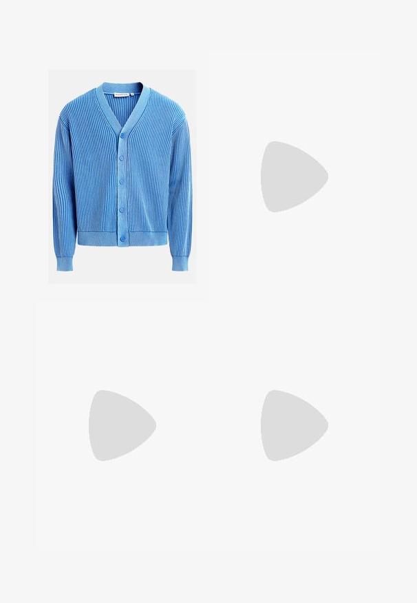 Blauwe ribgebreide cardigan met verticale witte strepen, V-hals, lange mouwen en vijf blauwe knopen aan de voorkant.; Heren overhemd met lange mouwen, lichtblauwe en witte strepen, knoopsluiting aan de voorkant, klassieke kraag, katoen stof, soepele textuur, gebogen zoom.; Donkerblauwe denim jeans met rechte pijpen, voorzakken, riemlussen, ritssluiting en knoopsluiting, weergegeven tegen een eenvoudige witte achtergrond.; Zwarte leren instapschoenen in loafer-stijl, met een vlakke, gestructureerde zool, voorzien van een gestikte neus en een band over de wreef.