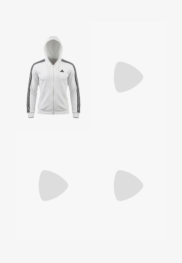 Sudadera blanca con cremallera con triple raya negra en las mangas, bolsillos delanteros, capucha con cordón y pequeño logo negro de Adidas en el pecho.; Camiseta atlética blanca de manga corta con detalles plateados, presenta un cuello redondo y un logo de Adidas en el pecho. Fabricada con tela que absorbe la humedad.; Pantalones deportivos negros con cintura elástica, que presentan rayas laterales blancas y un pequeño logotipo. El material parece suave y ligero.; Zapatilla negra Adidas con franjas blancas, cordones azules y suela de goma flotando sobre un escalón de hormigón gris con luz suave.
