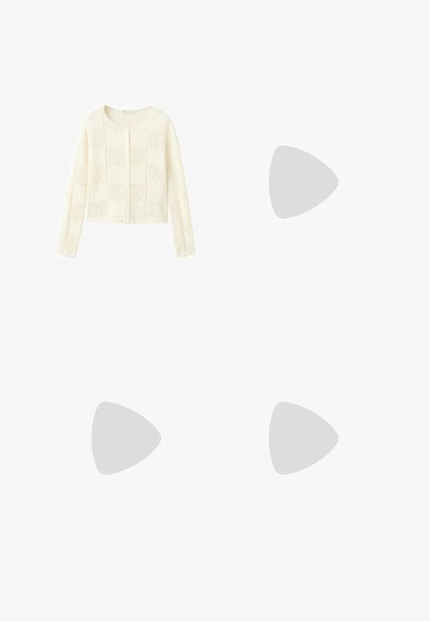 Cardigan tricoté de couleur crème à manches longues avec boutons sur le devant, motif ajouré délicat, bords festonnés et col rond.; Haut sans manches blanc en tissu doux avec un large décolleté et des emmanchures allongées, présentant une texture lisse et un design minimaliste.; Jean droit blanc avec cinq poches, passants de ceinture et fermeture avant par bouton et zip, posé à plat sur un fond blanc.; Sandale blanche à enfiler avec une large bride unique et une semelle plate, vue de côté sur fond blanc.