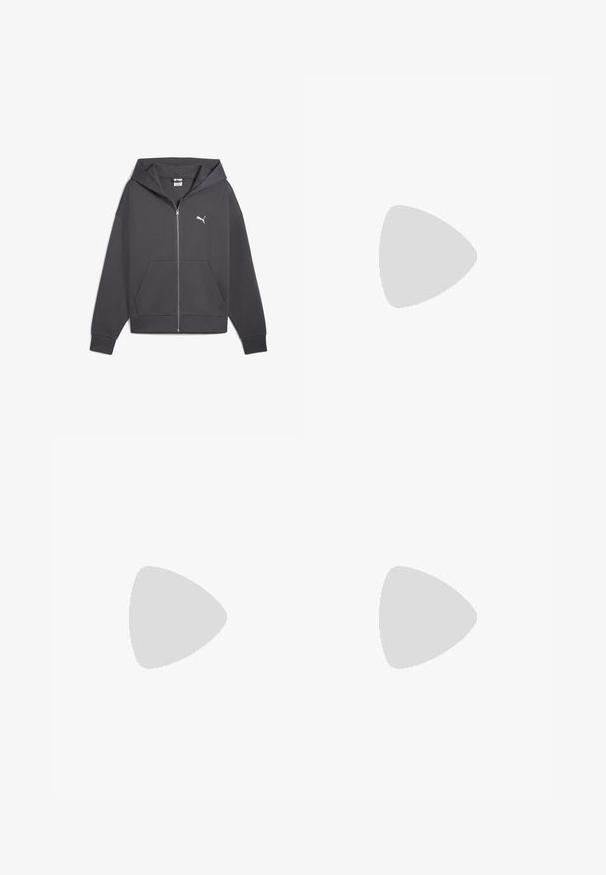 Graue Zip-Hoodie mit großer Fronttasche, verstellbare Kapuze und weißem Puma-Logo auf der linken Brust, aus weichem Stoff gefertigt.; Schwarzes Polohemd aus Baumwolle mit klassischem Kragen, kurzen Ärmeln und einem weißen Puma-Logo auf der linken Brust. Glatte Textur.; Schwarze Jogginghosen mit elastischem Bund und Kordelzug, ausgestattet mit Seitentaschen und einem dezenten Logo am linken Bein. Weicher Stoff, schmal zulaufende Form.; Schwarze Wildledersneaker mit weißen Akzenten und einem goldenen Logo. Getragen mit hellblauen Jeans und auf einer strukturierten blauen Oberfläche platziert.