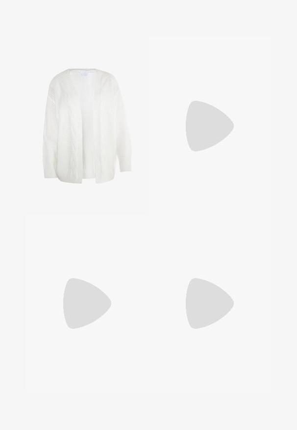 Cardigan blanc tricoté avec un motif en câble, à l'avant ouvert et à coupe ample. Accents côtelés aux poignets et à l'ourlet, fabriqué à partir de fil doux.; Robe beige à côtes avec un col rond haut et de longues manches bouffantes. Texture douce, coupe au genou et discret motif vertical.; Mocassins en cuir verni beige avec un bout arrondi, une semelle en caoutchouc noire épaisse et un accent cousu sur le devant.; Sac bandoulière en cuir beige avec deux compartiments zippés et une longue sangle réglable, petit logo de la marque au centre devant.