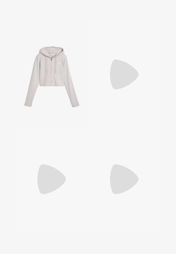 Sudadera con capucha en gris claro con cremallera, de canalé, mangas largas, cordones y un pequeño logo de Puma en el pecho.; Camiseta blanca lisa de manga corta con cuello redondo, extendida y sin patrones ni logotipos visibles.; Pantalones de pana beige con rayas verticales, con un diseño de pierna recta, cinco bolsillos, un botón de metal negro y un detalle de logo bordado.; Zapatilla blanca y gris tipo slip-on con cordones marrones, logo de Puma en la parte frontal y suela oscura texturizada, mostrada de perfil sobre fondo blanco.