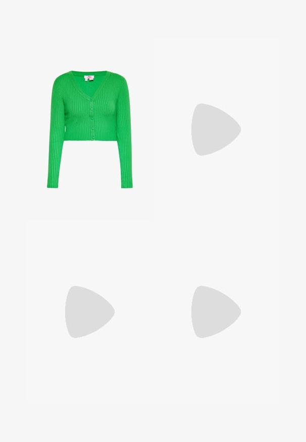 Groen geribd gebreid kort vest met V-hals en vijf knopen aan de voorkant, lange mouwen en een klein wit maatlabel binnen in de kraag.; Lichtroze blouse met lange mouwen en een subtiel bloemmotief, knoopsluiting aan de voorkant, opgeblazen schouders en een strikboord.; Lichtblauwe midi-rok met geplooide tule overlay en subtiel bloemenpatroon, met een elastische tailleband.; Marineblauwe suede ballerina met een ronde neus en een gestrikt accent op de neus. Lage, flexibele zool voor comfort. Eenvoudig en gestroomlijnd ontwerp.