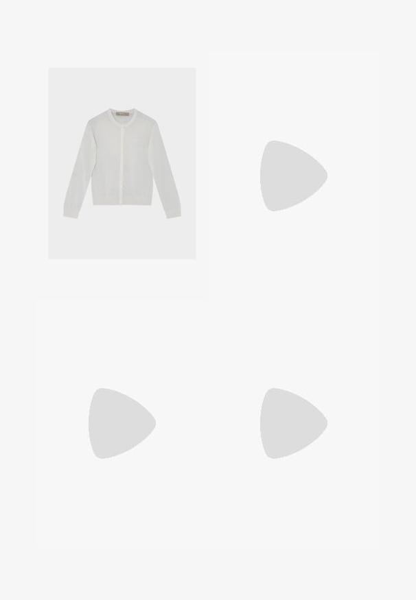Witte gebreide cardigan met knopen, lange mouwen, ronde hals en subtiel logo op de linkerborst, plat liggend op een lichte achtergrond.; Witte Calvin Klein damestanktop met dunne schouderbandjes en een simpel, aansluitend ontwerp.; Lichtblauwe jeans met een recht model, vijf-pocket ontwerp, sluiting met een voorknoop en subtiele vervaging op de bovenbenen. Klassieke denimtextuur.; Witte sneakers met suède accenten, gestructureerde veters en een rubberen zool. Gecombineerd met losse beige broek. Logo zichtbaar aan de zijkant.