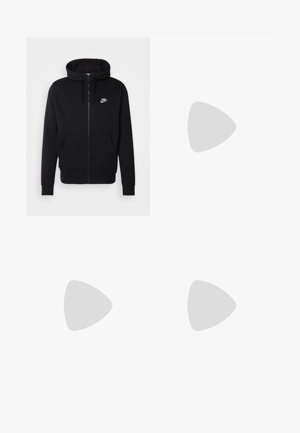 Sort hættejakke med lynlås lavet af blødt stof, med en lomme foran, snøre i hætten og hvidt Nike-logo på brystet.; Hvid ærmeløs bomulds top med rund hals og markerede skulderpartier, mærket "WEEKDAY" på halsmærket, vist på lys grå baggrund.; Sort bomuldsbukser med lige snit, knælange, med et synligt mærkelogo på kanten og en glat overflade.; Sort og hvid høj-top sneakers med læderoverdel, perforeret tåboks, fremtrædende swoosh-logo og struktureret gummisål.