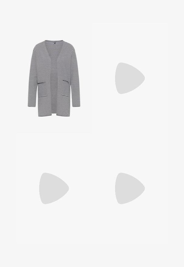 Stripet cardigan med V-udskæring, åben front, to lommer og lange ærmer; farverne inkluderer marineblå og hvid. Blødt stof.; 3.1 Phillip Lim V NECK BELTED MIDI - Hverdagskjole - green; Lys grå slidesandal med en tekstureret rem og en guldbeslag. Har en korkfodrør og en hvid gummisål med et zigzag-mønster.; Firkantet tørklæde med pink og rød geometrisk løbemønster samt flerfarvet stribet kant på hvid baggrund.