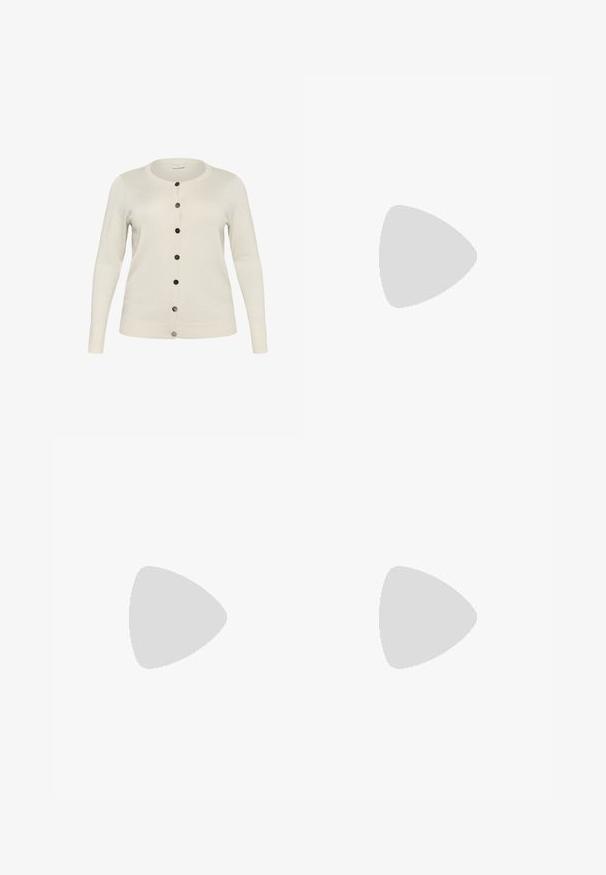 Lichtbeige cardigan gemaakt van textuur gebreide stof. Heeft een ronde halslijn, lange mouwen en zwarte knopen aan de voorkant.; Licht beige gebreid sweater met een hoge opstaande kraag en brede mouwen. Bevat geribbelde accenten bij de kraag en de zoom. Zachte textuur.; Een broek met luipaardprint, met een slim fit, knoopsluiting en gestikte tailleband met een lichte stretch voor comfort.; Melissa SOFT - Ballerina's met enkelbandjes - dark green