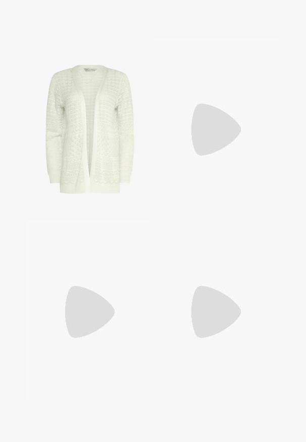 Cárdigan blanco de punto abierto al frente con textura intrincada tipo encaje y mangas largas.; Blusa blanca sin mangas con detalles de pliegues, mangas con volantes y un lazo frontal en el escote redondo, puesta plana sobre un fondo blanco.; Falda de algodón marrón con cintura ajustada, dos bolsillos laterales y corte recto. La tela tiene una textura suave y un brillo sutil.; Botas de tobillo de cuero marrón con puntera redonda, seis ojales, cordones marrones y suela de goma texturizada con acentos en color crema y asa de agarre.