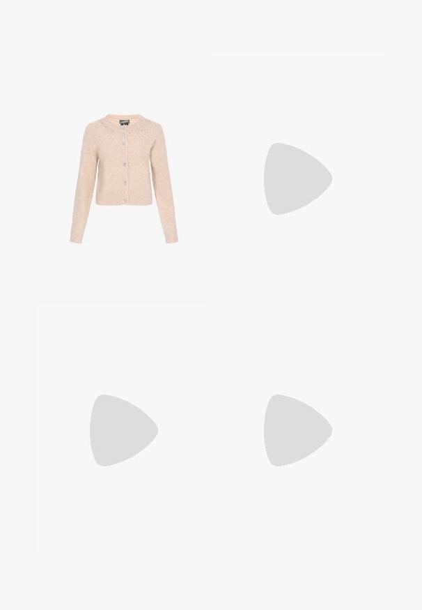 Cárdigan beige corto con mangas largas, escote redondo, botones decorativos en la parte delantera y pequeñas embellishments de cuentas a lo largo del pecho superior y los hombros.; Camiseta de punto acanalado gris claro de manga corta con escote redondo y dobladillo recto, mostrada plana sobre un fondo blanco.; Pantalones marrones de pierna ancha confeccionados en una tela suave; presentan pliegues frontales y una cinturilla estándar. Diseño minimalista sin cierre visible.; Bota de cuero marrón hasta la rodilla con un tacón bajo y punta afilada, mostrada en perfil lateral sobre un fondo blanco.