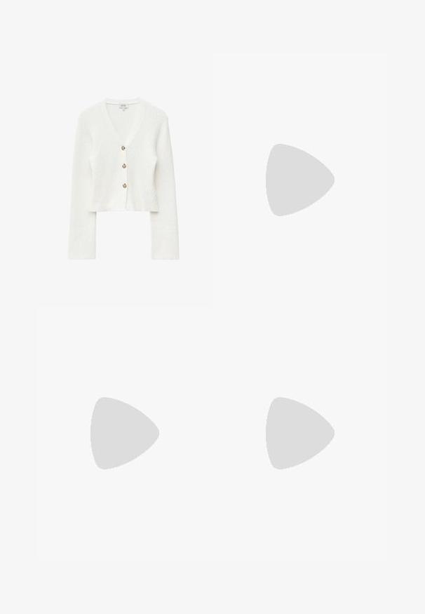 Weißer strukturiert gestrickter Cardigan mit langen Ärmeln, V-Ausschnitt und drei beigen Knöpfen vorne.; Weißes Langarmoberteil mit schwarzem, V-förmigem Kragen und schwarzen Manschetten. Glattes Material mit lockerer Passform und minimalistischem Design.; Marineblauer Rock mit weißen abstrakten rechteckigen Linienmustern und einem elastischen Bund mit Kordelzug.; Schwarzer Ballerina mit abgerundetem Zehenbereich, verziert mit silbernen Nieten. Verfügt über einen Riemen mit Schnalle über dem Rist. Glatte Textur, niedriger Absatz.