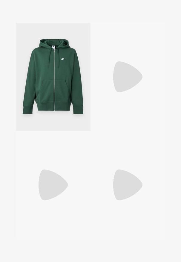 Zelená Nike mikina na zips s prednými vreckami, kapucňou so šnúrkou a bielym logom na ľavej strane hrudníka, zobrazená na jednoduchom pozadí.; Biela bavlnená tričko s čierno-bielou grafikou pandy, ktorá drží tenisku Nike, s zeleným logom Nike hore.; Čierne tepláky s elastickým pásom, na ľavej strane malým bielym logom. Vyrobené z jemnej, ľahkej tkaniny. Strih s rovnými nohavicami.; Šedá a čierna športová teniska s panelmi z sieťoviny a hrubou podrážkou, umiestnená vo vzduchu nad betónovým obrubníkom a schodmi v pozadí.