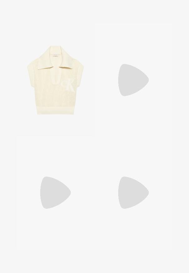 Pull sans manches en maille crème avec large col côtelé, profond décolleté en V et logo "CK" discret sur le devant.; Robe midi sans manches en beige clair, confectionnée dans un tissu texturé avec un léger éclat. Coupe droite, longueur genoux sans fermetures visibles.; Bottillon en cuir noir hauteur genou avec un bout arrondi et un petit talon carré. Présente une texture lisse et des détails de couture minimaux.; Pochette en cuir noir texturé avec un rabat avant sécurisé par une fine sangle et une boucle rectangulaire dorée.
