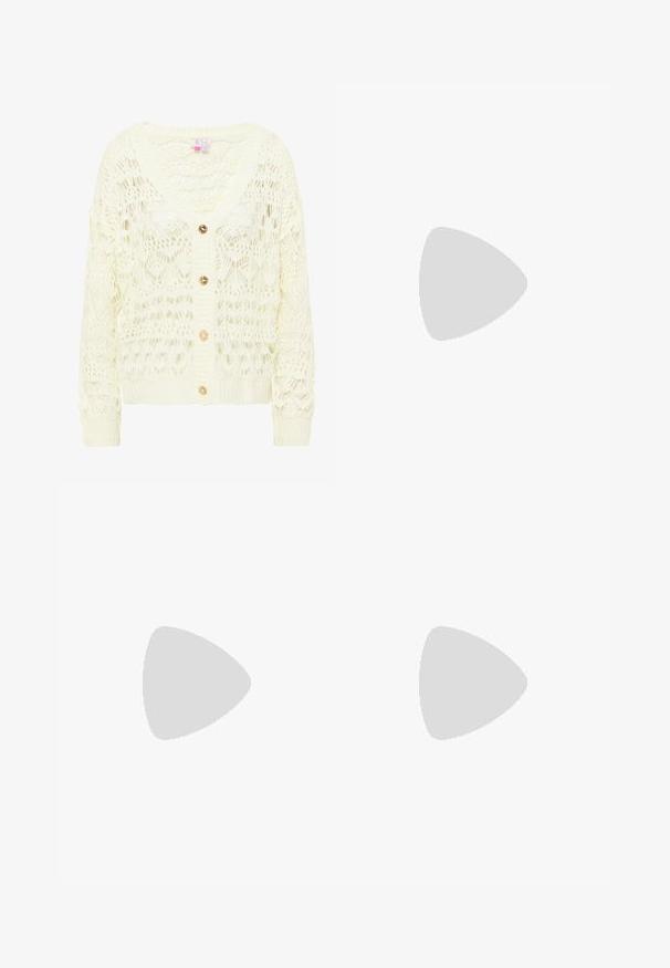 Licht crèmekleurig haakcardigan met een V-hals, voorzien van een gedetailleerd kantpatroon en drie gouden knopen aan de voorkant. Zachte, gestructureerde breisel.; Midilengte jurk met elastische taille, driekwart mouwen en bloemenpatroon in zachte pasteltinten op een lichtblauwe achtergrond.; Witte canvas wedge schoen met enkelbandje, jute-wrapped hak, ronde neus en een gebreide stoffen bovenkant. De wedge heeft een hoogte van ongeveer 7 cm.; Gevlochten strooien bucketbag met brede basis, smalle bovenkant en verstelbare bruine leren schouderriem.