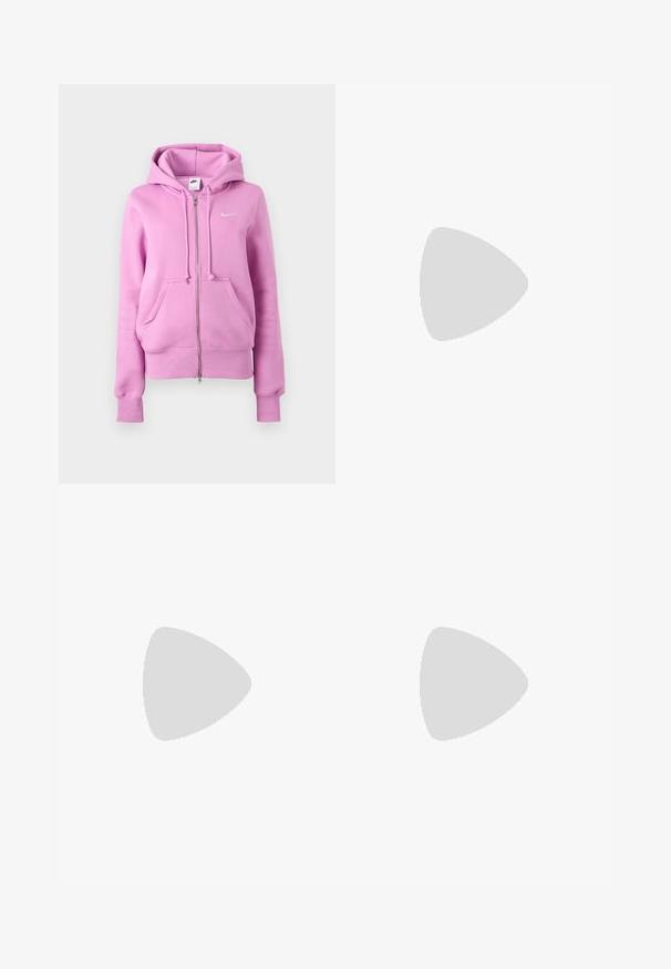 Laventelin vaaleanpunainen vetoketjullinen huppari, jossa on etutaskut, säädettävä nyörillä varustettu huppu, resorit hihansuissa ja pieni valkoinen Nike Swoosh -logo rinnassa.; Musta, lyhythihainen yläosa, jossa on resoitetty rakenne, pyöreä pääntie ja pieni valkoinen Nike-logo rinnassa.; Mustat, kevyet housut, joissa on joustava vyötärö ja nyöri. Niissä on teksturoitu pinta ja pieni heijastava logo sivussa.; Musta urheilukengät, joissa on synteettistä materiaalia, verkkomäisiä yksityiskohtia ja pyöristetyt pohjat. Varustettu nauhakiinnityksellä ja näkyvällä Nike-logoilla kengän kielessä.