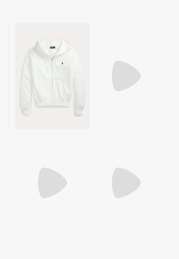 Valge lukuga kapuutsiga pusa ees taskud, vasakul rinnal väike sinine Polo Ralph Laureni logo.; Valge varrukateta topp pehmest kangast, millel on soonikuga kaelus ja serv. Väike tumesinine logo vasaku alumise nurga juures.; Valged laia säärega dressipüksid elastse vöökoha, paelaga, küljetaskute ja väikese tumelilla logoga parema tasku juures.; Must värvi nahast loafer tekstureeritud viimistlusega, dekoratiivse rihmaga ja madala kanna ning sileda, minimalistliku disainiga ümmarguse ninaga.