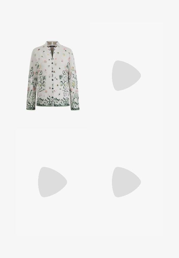 Lys grå kardigan med blomstermotiver i pink, grøn og gul. Knaplukning og to frontlommer, ribbede manchetter og kant.; Sort croppet top med korte ærmer, dækket af palietter, med rund halsudskæring og en skinnende, tekstureret overflade.; Lyserød plisseret nederdel med blomster- og paisleymønstre, med en kontrasterende turkise stribet talje. Lavet af letvægtsstof.; Guld glamour cowboy støvle med en skinnende metal-skaft, tekstureret glitrende overdel, firkantet tå og en blokhæl med en dekorerende rem.