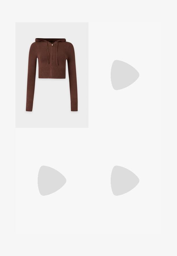 Sweat à capuche court en tricot marron avec manches longues, poignets côtelés et fermeture éclair devant sur fond uni.; Chemise à manches longues boutonnée, avec des rayures verticales blanches et bleu clair et un col pointu, présentée sur un fond uni.; Jupe plissée gris foncé avec une taille élastique et un cordon bordeaux noué au centre devant.; Ballerine en cuir verni marron avec un bout carré et une lanière ornée d'une petite boucle dorée. Texture lisse, talon bas et design minimaliste.