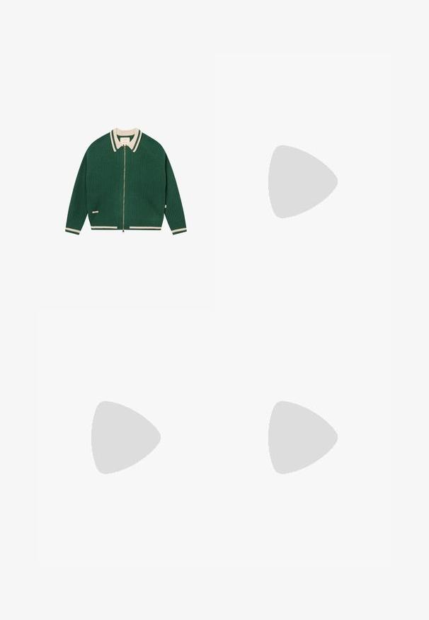 Cardigan vert en maille zippé avec col, poignets et ourlet rayés crème, étalé à plat sur fond blanc.; T-shirt blanc à manches courtes en coton avec un logo ovale lilas sur le côté gauche de la poitrine et un col rond.; Pantalon brun foncé à coupe droite avec coutures verticales discrètes et fermeture à bouton à la taille.; Pantalons en denim noir associés à des mocassins noirs brillants. La chemise est blanche avec de fines rayures verticales, avec des manches longues et un col boutonné.