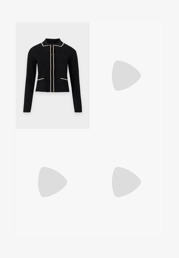 Sort cardigan med krave, cremefarvede detaljer langs kraven og lommerne, og seks frontknapper. Har lange ærmer og et cropped design.; Rød kjole med hvide prikker, korte puffærmer, tætsiddende overdel og udvidet nederdel. Fremstillet af letvægtsstof med en glat tekstur.; Sorte spidse slingback-sko lavet af glat læder. Har en tynd hæl og en spænde detalje på den justerbare rem.; Rektangulær sort læderhåndtaske med en enkelt lang rem og blank finish, vist mod en ensfarvet hvid baggrund.