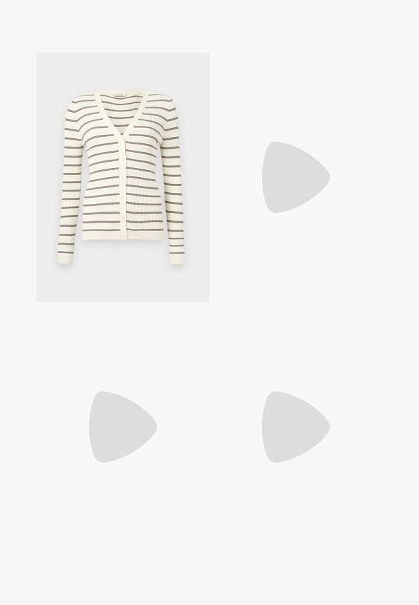 Cardigan crème côtelé à manches longues, rayures horizontales marron, col en V, et boutons sur le devant.; Débardeur brun côtelé sans manches avec encolure carrée et logo brodé discret au centre devant.; Pantalon marron à jambes larges avec une texture lisse, présentant un devant plat et des plis. La taille est élastiquée pour le confort et l'ajustement.; Ballerines en cuir verni bordeaux de type Mary Jane avec un bout pointu, un talon plat et une sangle décorative avec une boucle circulaire.