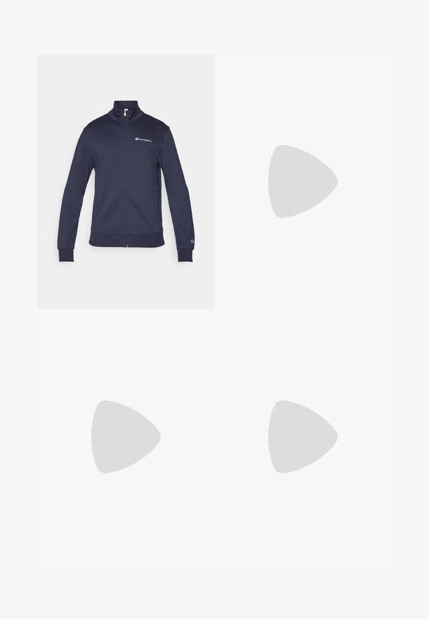 Veste de sport bleu marine zippée avec col haut, logo Champion sur la poitrine et la manche, et poches latérales.; T-shirt blanc à manches courtes avec col rond, présentant des manches raglan, un logo subtil sur la poitrine et des finitions contrastées au niveau du col.; Shorts de bain bleu marine en tissu léger, dotés d'une taille élastique et de deux poches latérales pour le rangement.; Chaussure de sport noire avec une tige en mesh, des rayures blanches et des accents gris. Dotée d'un col rembourré et d'une semelle en caoutchouc. Adaptée pour une utilisation en salle de sport.