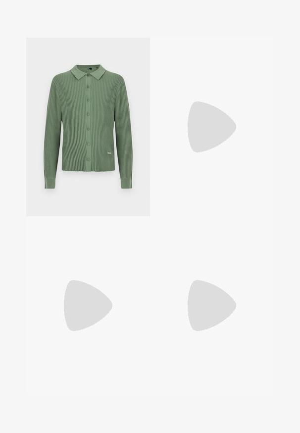 Cardigan vert en maille côtelée à manches longues avec col et fermeture à boutons sur le devant, avec une petite étiquette de marque en métal près de l'ourlet.; T-shirt noir à manches courtes avec col rond, petit logo « SANDRO » centré sous l'encolure.; Pantalons plissés vert olive en tissu lisse. Dotés d'une fermeture à bouton, d'anses de ceinture et d'ouvertures de jambes effilées pour un ajustement moderne.; Mocassin en cuir noir avec un détail tissé à l'avant, bout arrondi et petit talon. Texture lisse et design minimaliste.