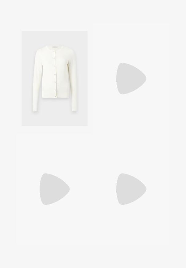 Cardigan blanc à manches longues avec encolure ronde et sept boutons devant, présenté à plat sur un fond gris clair.; Haut blanc sans manches côtelé avec épaules rembourrées et col rond, taille petite, étiquette de marque Topshop à l'intérieur du col.; Jean bleu à jambes larges avec fermeture à bouton et zip, poches avant et arrière, et détails délavés sur les cuisses et les genoux.; Filippa K REY FLATS - Ballerines - bright red