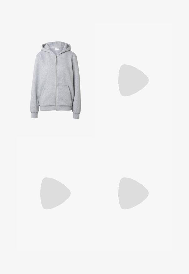 Sweat à capuche gris clair à fermeture éclair, avec poches avant, poignets côtelés et capuche, présenté sur un fond blanc uni.; T-shirt blanc à manches courtes en coton lisse, doté d'un col rond et d'une coupe ajustée. Design classique, sans motifs ni accents.; Jean noir à jambes larges avec fermeture à boutons sur le devant et coutures visibles, posé à plat sur un fond clair.; Baskets de sport noir et blanc au design élégant, semelle en caoutchouc, fermeture à lacets et trois rayures blanches sur les côtés.