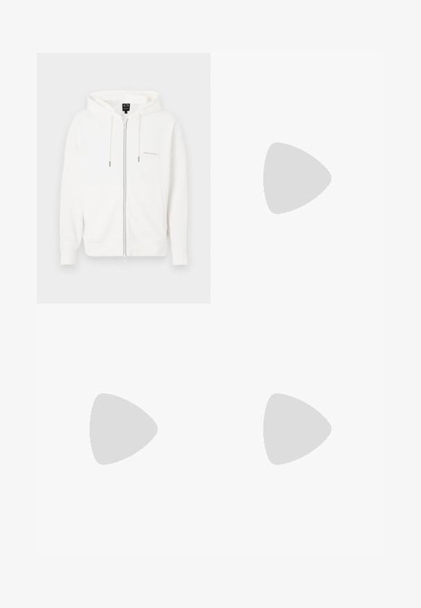 Sweat à capuche blanc zippé en tissu doux, doté d'une capuche avec cordon, de poignets côtelés et d'un petit patch logo sur la poitrine.; T-shirt noir à manches courtes avec col rond, orné d'un petit logo aigle blanc Emporio Armani centré sur la poitrine, sur un fond gris.; Pantalon de survêtement noir à taille élastique, jambes fuselées, avec un petit logo blanc sur la partie supérieure de la cuisse gauche.; Baskets basses beige à lacets, semelle rose clair et languette grise à l'arrière marquée "Filling Pieces", vues de profil sur fond uni.
