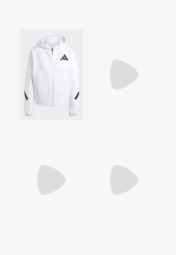 Sudadera blanca con cremallera y detalles en negro, grandes bolsillos frontales, tejido suave y texturizado, y un corte relajado. Presenta una capucha y el logotipo de la marca en el pecho.; Camiseta deportiva blanca de tirantes, confeccionada en un tejido ligero, con un diseño de espalda cruzada y un pequeño logo negro en el pecho.; Pantalones cortos deportivos negros hechos de una tela elástica, con una cinturilla alta, una textura suave y un logo de tres rayas blancas en el costado.; Zapatilla deportiva blanca con suela gruesa, rayas diagonales negras en la entresuela, parte superior de malla y cordones, mostrada desde un lado sobre un fondo liso.