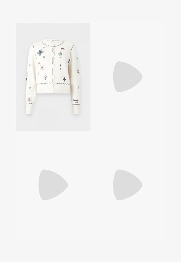 White button-up cardigan with burgundy stitched borders and various small embroidered symbols and letters in blue, burgundy, and beige.; Black and white horizontal striped fitted shirt with elbow-length sleeves and round neckline.; Pleated skirt with a ribbed navy waistband and a maroon pleated lower section, highlighting contrasting textures and colors.; Brown faux leather ankle boot with a pointed toe, textured snake print, and a 5 cm heel, featuring a sleek, streamlined design.