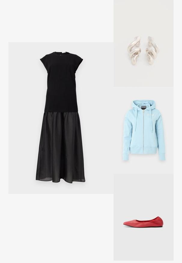 Sweat à capuche zippé bleu clair avec cordons, poignets et ourlet côtelés, et petit logo "Versace Jeans Couture" sur la poitrine et l'étiquette intérieure.; Robe noire sans manches avec un corsage ajusté et une jupe fluide, transparente et froncée, s'étendant jusqu'au sol.; Filippa K REY FLATS - Ballerines - bright red; Boucles d'oreilles clips en métal argenté torsadé avec une finition lisse et brillante, présentant un design moderne et abstrait en spirale.