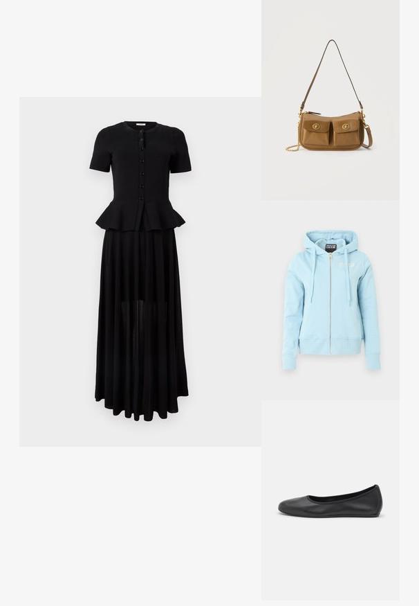 Sweat à capuche zippé bleu clair avec cordons, poignets et ourlet côtelés, et petit logo "Versace Jeans Couture" sur la poitrine et l'étiquette intérieure.; Haut noir à manches courtes avec boutons et taille peplum, associé à une longue jupe noire transparente.; Ballerines en cuir noir avec un bout rond, texture lisse, détails de couture minimalistes et design de semelle flexible.; Sac à bandoulière en cuir marron avec deux poches avant à rabat, équipées de fermoirs dorés à torsion, et un détail en chaîne dorée sur un côté.