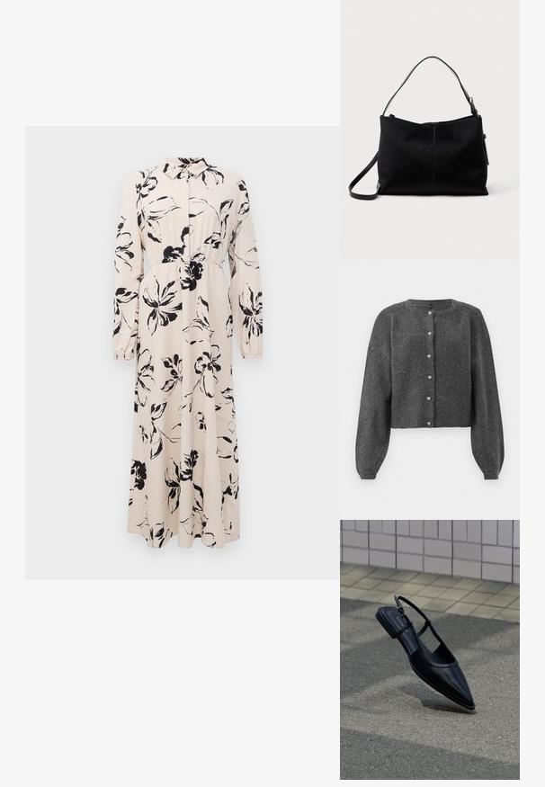 Mørkegrå, cropped cardigan lavet af blødt strikmateriale. Har en rund halsudskæring og knaplukning med perle-lignende knapper. Lange, puffede ærmer.; Lang beige kjole med sort blomstret tryk, lange ærmer, samlet talje og krave med knaplukning foran.; Sort slingback-flad sko med spids tå, svævende over en asfaltflade ved siden af en flisebelagt fortov.; Sort skuldertaske med en glat, tekstureret overflade, prydet med en enkelt rem og en lynlåslukning øverst. Kompakt rektangulær form.