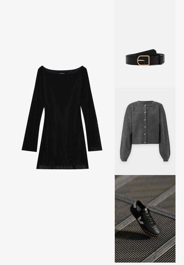Dunkelgraue, kurz geschnittene Strickjacke aus weichem Material. Mit Rundhalsausschnitt und knopflosem Frontverschluss mit perlenähnlichen Knöpfen. Lange, gepuffte Ärmel.; Schwarzes langärmliges Kleid mit schulterfreiem Dekolleté, glatter Textur und fließender Silhouette. Verfügt über transparente Details am Saum.; Schwarze Ledersneaker mit grauen Akzenten, Schnürsenkeln und einer Gummisohle. Verfügt über ein auffälliges weißes Logo und ein strukturiertes Obermaterial.; Schwarzer Leder-Gürtel mit einer goldenen quadratischen Schnalle. Verfügt über eine glatte Textur und ein klassisches Design, das sowohl für legere als auch für formelle Anlässe geeignet ist.