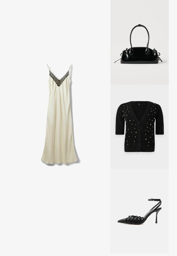 Cardigan noir à manches courtes, en V, et boutons sur le devant, rehaussé de perles et de strass pour un détail supplémentaire. Texture douce.; Robe longue en satin ivoire avec fines bretelles et détail en dentelle noire le long de l'encolure en V.; Chaussure à talon haut noire à bout pointu, bords festonnés, œillets métalliques, lacets à l'avant et bride de cheville avec fermeture à boucle.; Petit sac à main noir brillant avec deux longues anses et des détails à cordon sur les côtés sur un fond clair uni.