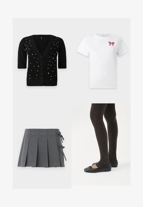 Cardigan noir à manches courtes, en V, et boutons sur le devant, rehaussé de perles et de strass pour un détail supplémentaire. Texture douce.; T-shirt blanc à manches courtes avec une petite décoration de nœud en perles roses sur la partie supérieure gauche de la poitrine.; Jupe mini plissée grise en tissu texturé, avec une fermeture à nouer sur un côté et une ceinture lisse pour plus de confort.; Jambes portant des leggings côtelés foncés associés à des ballerines noires avec de petits détails en nœud sur fond blanc.