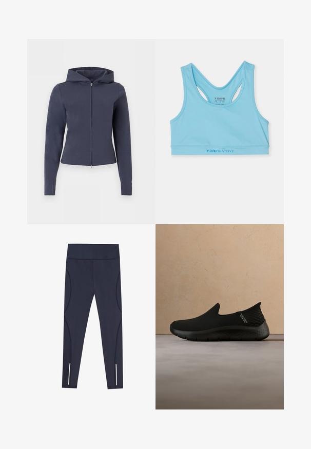 Mørkeblå hættetrøje med lange ærmer, foran lynlås, slank pasform og hætte, vist på en ensfarvet hvid baggrund.; Lyseblåt atletisk crop top lavet af glat stof, med racerback-design og logo i mørkere blåt ved taljen.; Navy blå leggings lavet af strækbart stof, med en høj talje og buede sidesømme, samt reflekterende detaljer ved anklerne.; Sorte slip-on sko med mesh-overdel, struktureret hæl og fleksibel sål. Letvægtsdesign. Baggrunden har bløde, neutrale toner.