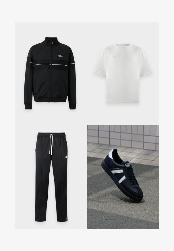 Chaqueta negra con cremallera en una tela suave, con franjas horizontales blancas y un logo en el pecho. Diseño deportivo clásico con cuello alto.; Camiseta de algodón blanca con mangas cortas, cuello redondo y un logo sutil impreso en gris claro en el pecho; textura suave y corte relajado.; Pantalones deportivos negros con cordón blanco, rayas laterales, bolsillos frontales y un pequeño logo blanco de Champion en el muslo izquierdo.; Zapatilla de cuero negra con rayas blancas, suela de goma texturizada y parte frontal con cordones. Cuenta con una etiqueta de marca en la lengüeta.