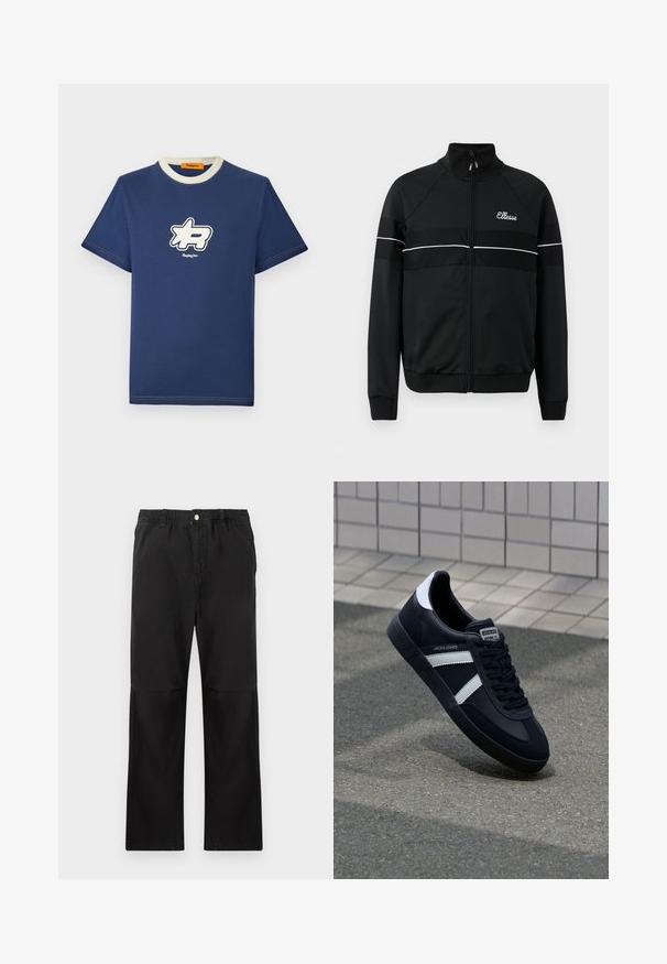 Schwarze Zip-up-Jacke aus glattem Stoff mit weißen horizontalen Streifen und einem Logo auf der Brust. Klassisches sportliches Design mit hochgeschlossenem Kragen.; Marineblaue Baumwoll-T-Shirt mit einem kontrastierenden cremefarbenen Kragen, das ein großes weißes Logo-Design auf der Brust und den Markennamen darunter zeigt.; Schwarze Baumwollhosen mit einem elastischen Bund, gerade geschnitten, mit glatter Textur und ohne sichtbare Akzente oder Muster.; Schwarze Leder-Sneaker mit weißen Streifen, strukturiertem Gummisohle und Schnürung. Verfügt über ein Markenetikett auf der Zunge.